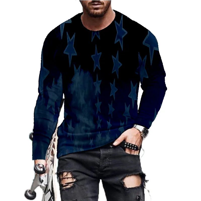 

Мужская футболка с длинным рукавом, многоцветная Футболка большого размера с цифровым 3D рисунком американского флага и круглым вырезом, 2022
