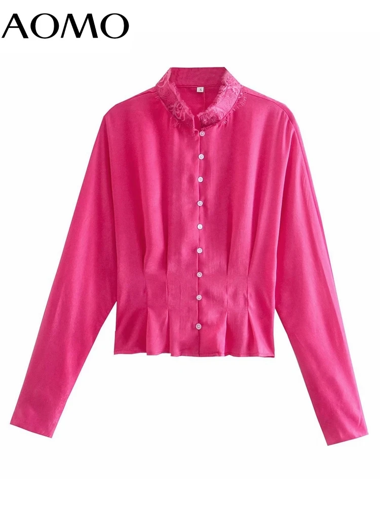

Блузка AOMO Женская атласная с длинным рукавом, шикарная рубашка в офисном стиле, 4M88A, розовая кружевная, 2022