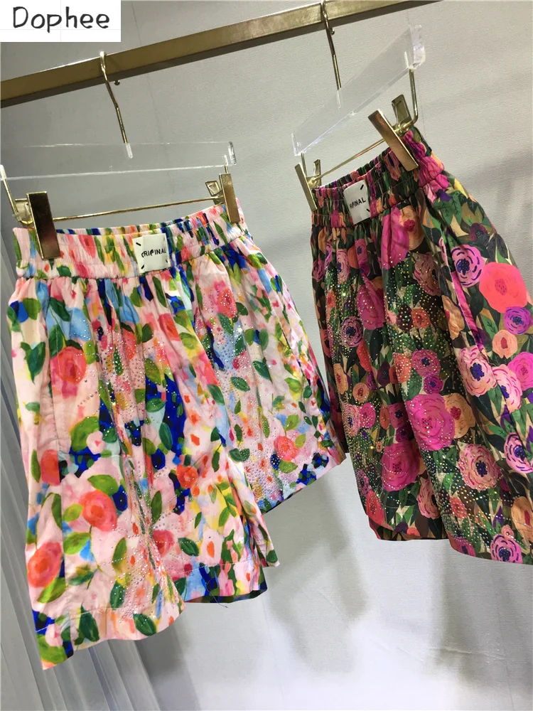 2023 New Fashion Summer Women Hot Shorts Hot Drilling Printed Floral Wide Leg Pants All-match Elastic High Waist A-line Shorts