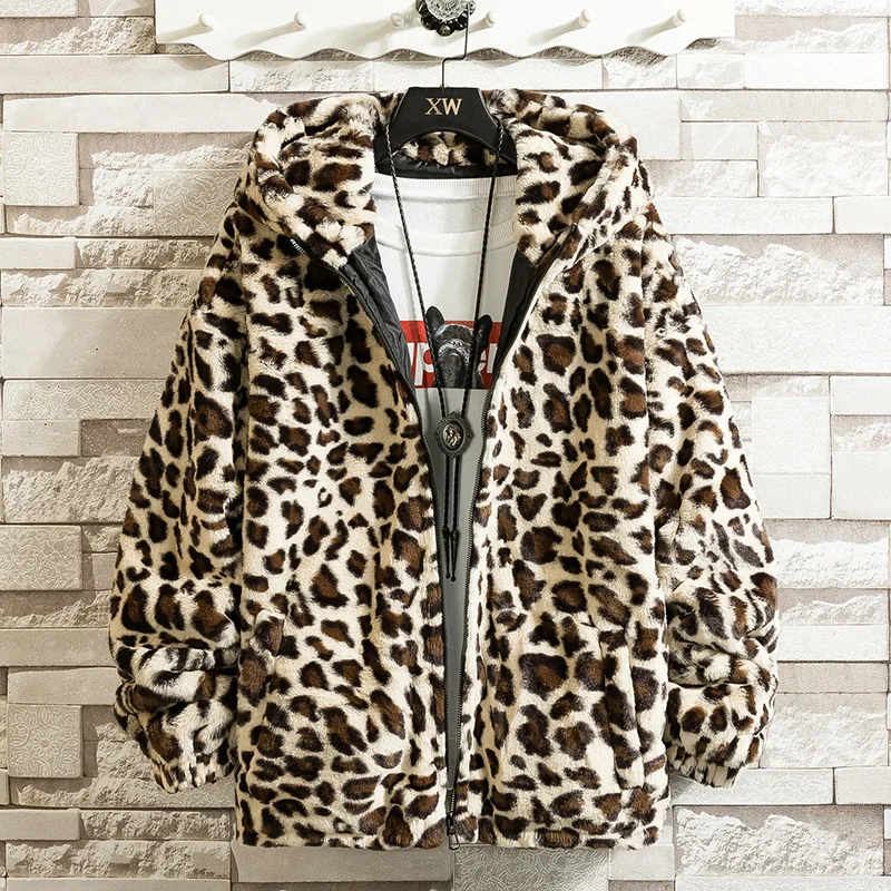 2022 Winter Korean Version Casual Plush Jackets for Men Coat Japanese Streetwear Men Parkas Leopard Hooded Winter Jacket Men