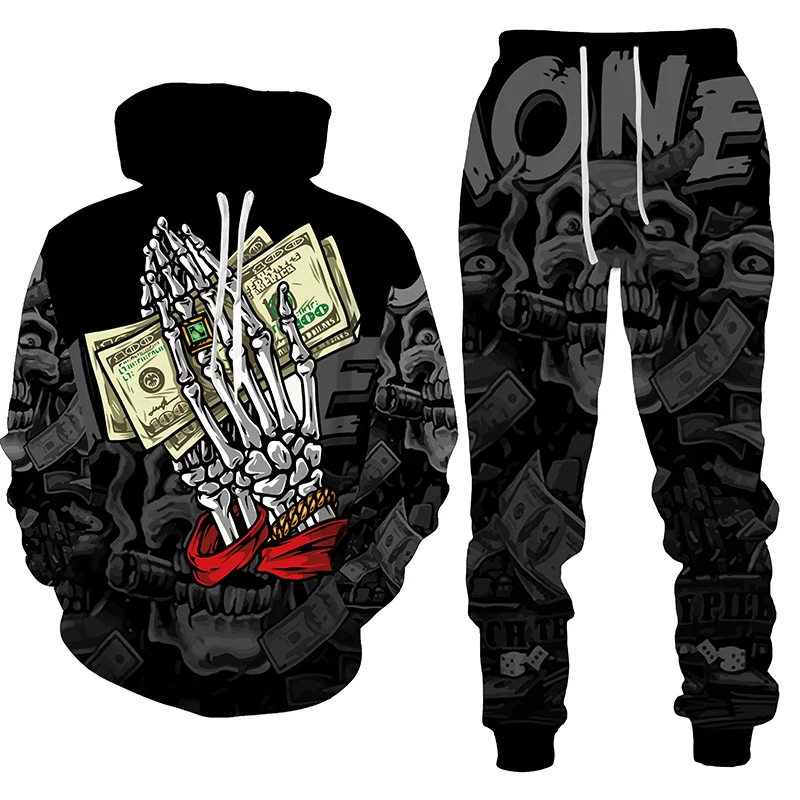 

New Punk Skull 3D Printed Men/Women Sweatshirt Hoodie Pants Sets Street Style Hip Hop Rock Pullover/Trousers/Suits Mens Clothes