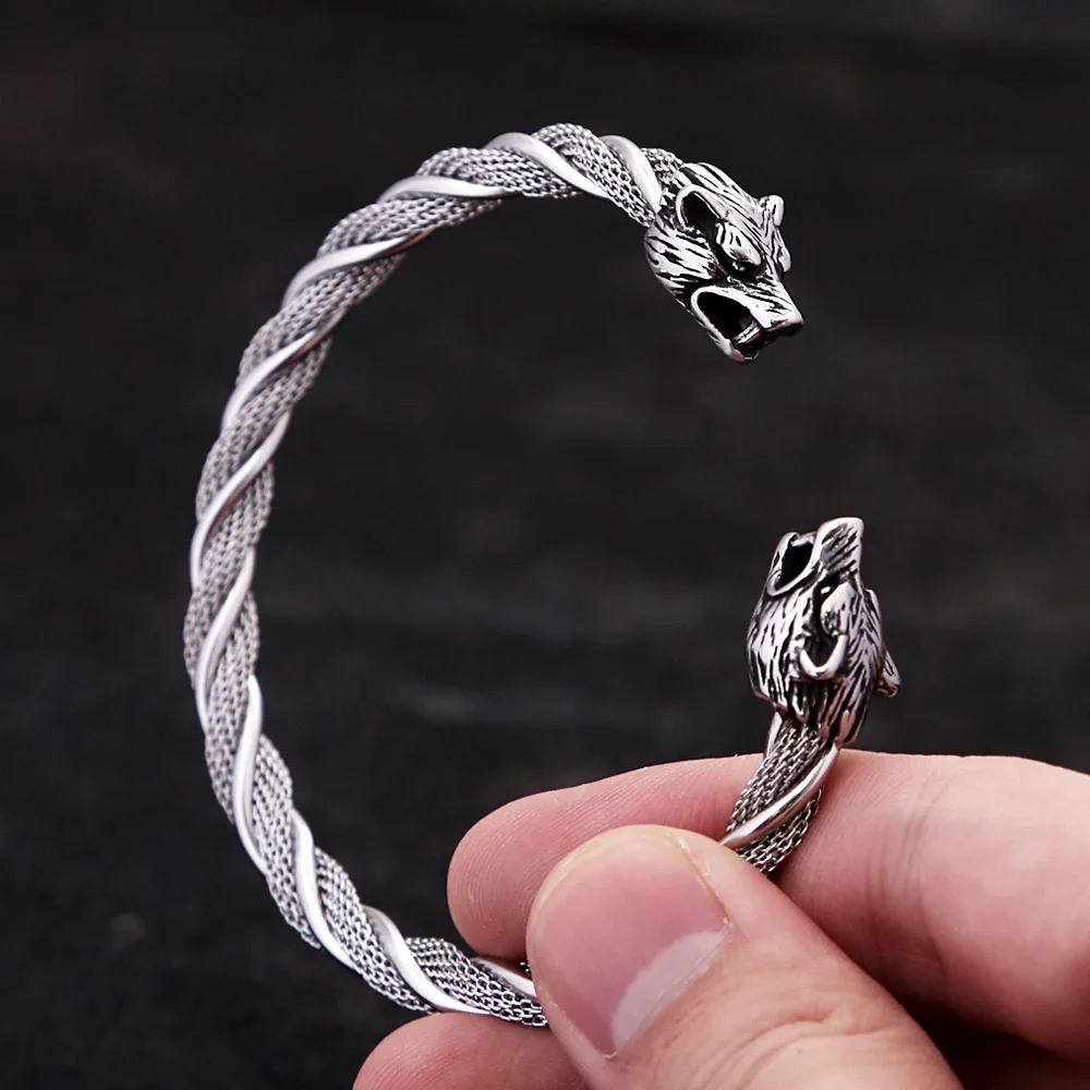 

Vintage Viking Wolf Head Cuff Bracelet for Men Women Fashion Stainless Steel Open Cable Wire Bangle Norse Jewelry Accessories