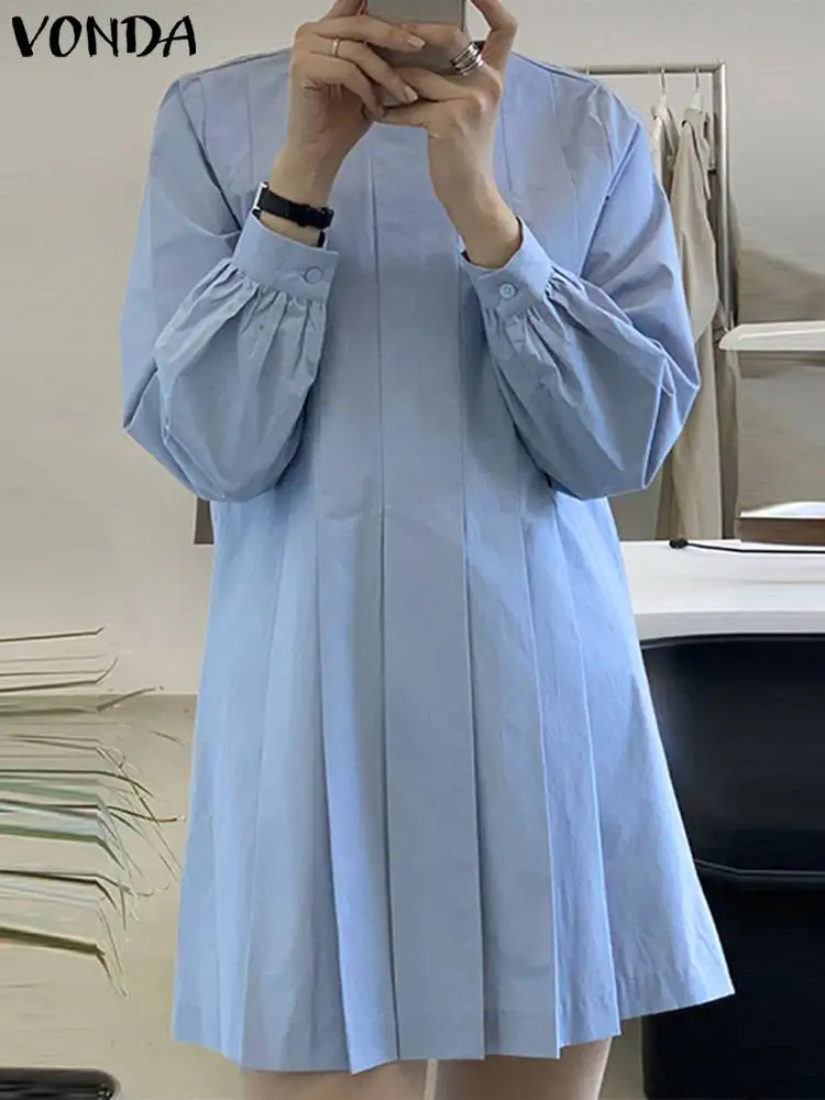 

VONDA Fashion Mini Dress 2022 Summer Women Long Puff Sleeve Pleated Ruffled Short Party Sundress Casual Solid Loose Beach Robe