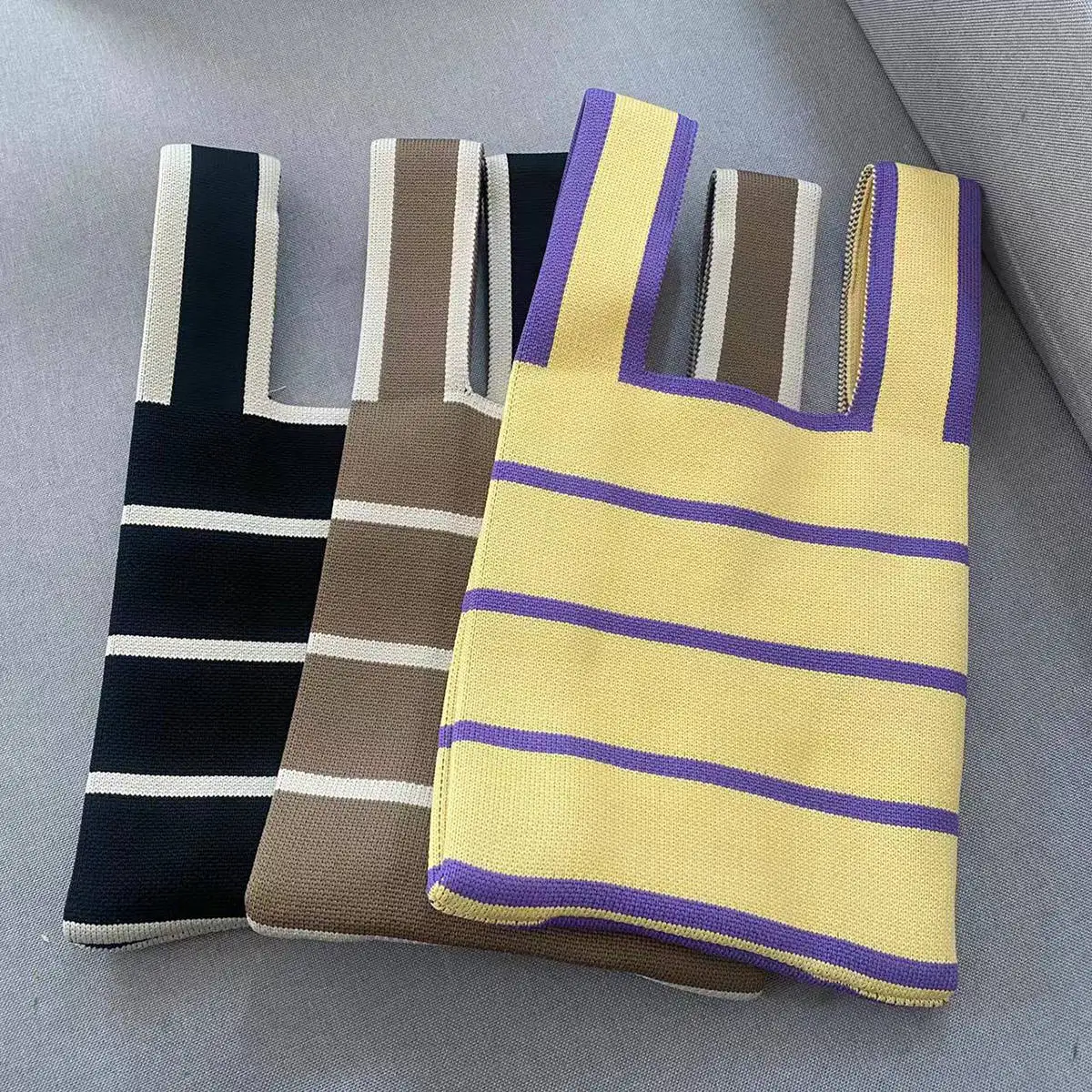 

1PC Personalized Knitted Handbag Portable Shoulder Bag Tote Bag For Women Soft Casual Striped Crochet Bags For Women