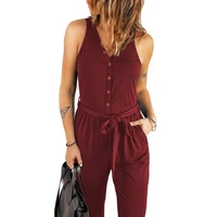womens 2022 summer new sleeveless jumpsuits solid color v neck waist tie casual skinny pants female lady rompers