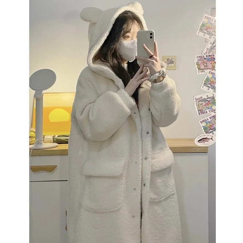 

Милое пальто из овечьей шерсти с капюшоном Женское пальто из искусственного меха средней длины теплое пушистое пальто большого размера