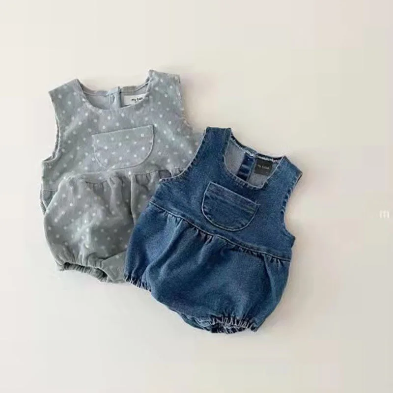 

Baby polka dot jumpsuit baby spring denim pocket sleeveless romper bag fart 216