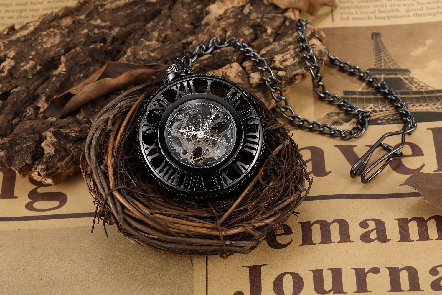Hollow Hand-WInd Automatic Mechanical Luxury Pocket Watch Steampunk Men Watches Roman Numerals Clock With Fob Chain Reloj Hombre classic silver pocket watch men fob watches clock roman number hunter hand wind mechanical relogio de bolso with clip long chain