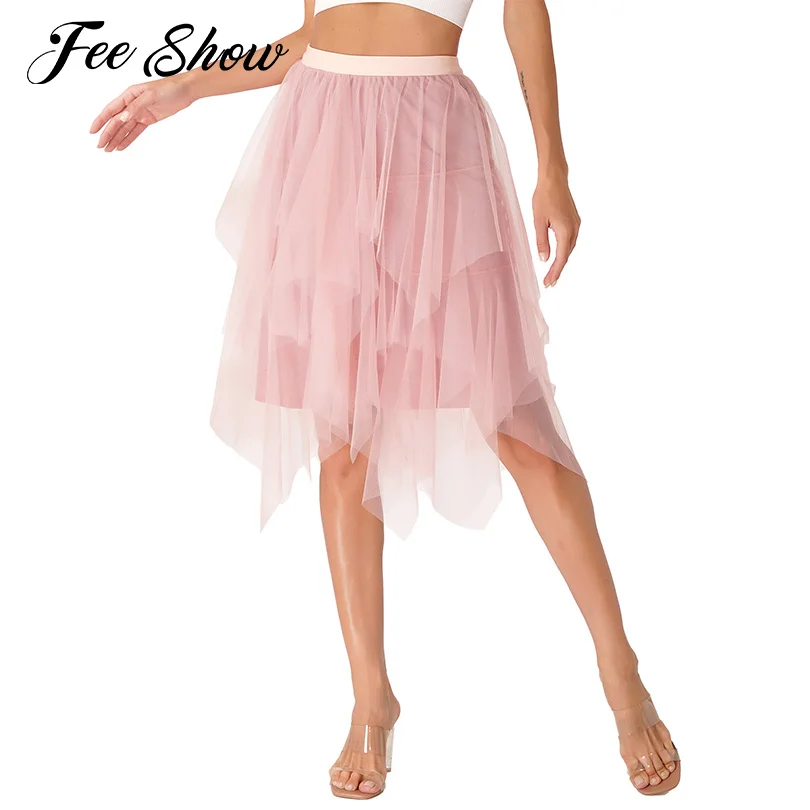 

Womens Elegant Layered Tulle Skirt Casual Solid Color High Waist Elastic Waistband Irregular Hem Dance Skirts for Party Weekends