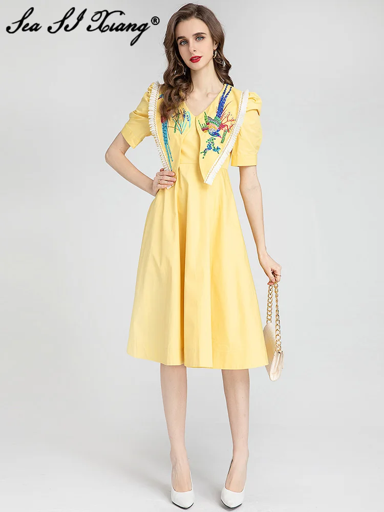 

Seasixiang Fashion Designer Summer Yellow Dress Women Beading Turn-down Collar Short Sleeve Print Vintage Dresses