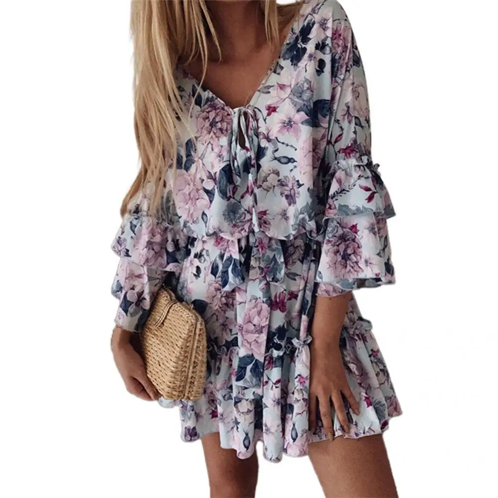 

Elegant Mini Dress Ruffles Flounce Sleeve Loose Hem Flounce Sleeve Print Lady Dress