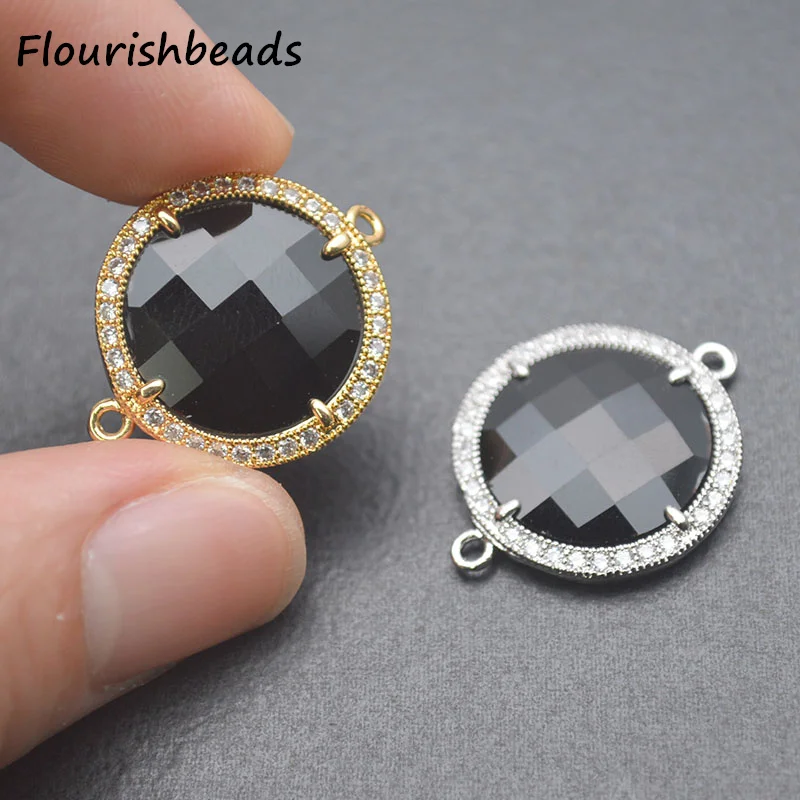 Diy Bracelet Findings Nickel Free Anti Fading  Gold Plated Shiny Black White CZ Pave Big Size Round Connector Charms 10pcs