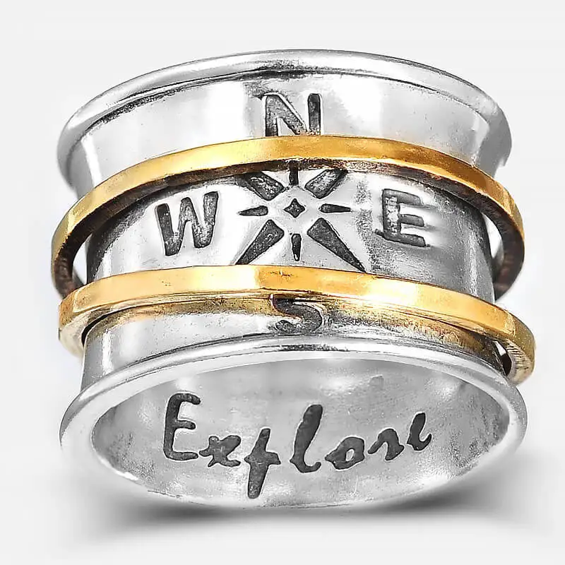 

Retro Personality Simple Compass Two-color Rotatable Decompression Ring for Men Women Ethnic Style High-quality Jewelry