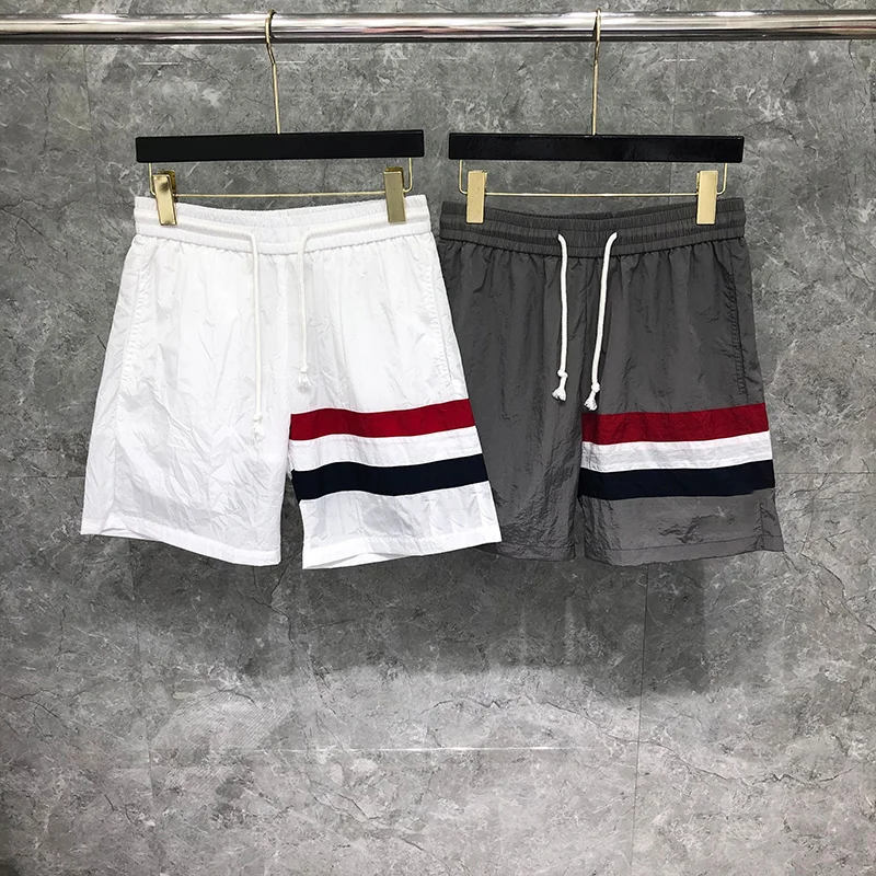 

TB THOM Summer Male Fashion Brand Men's Shorts Interlocking RWB Stripe Mid-Thigh Thin Qucik Dry Board Shortpants