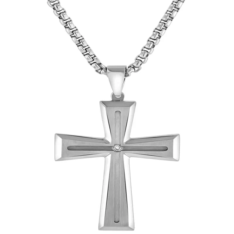

Men`s Stainless Steel Diamond Accent Grooved Cross Pendant