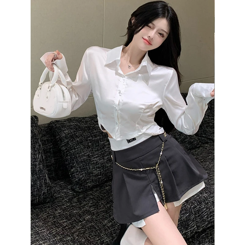 

Женский костюм из двух предметов, белая рубашка с длинным рукавом и юбка с завышенной талией, на осень, 2023