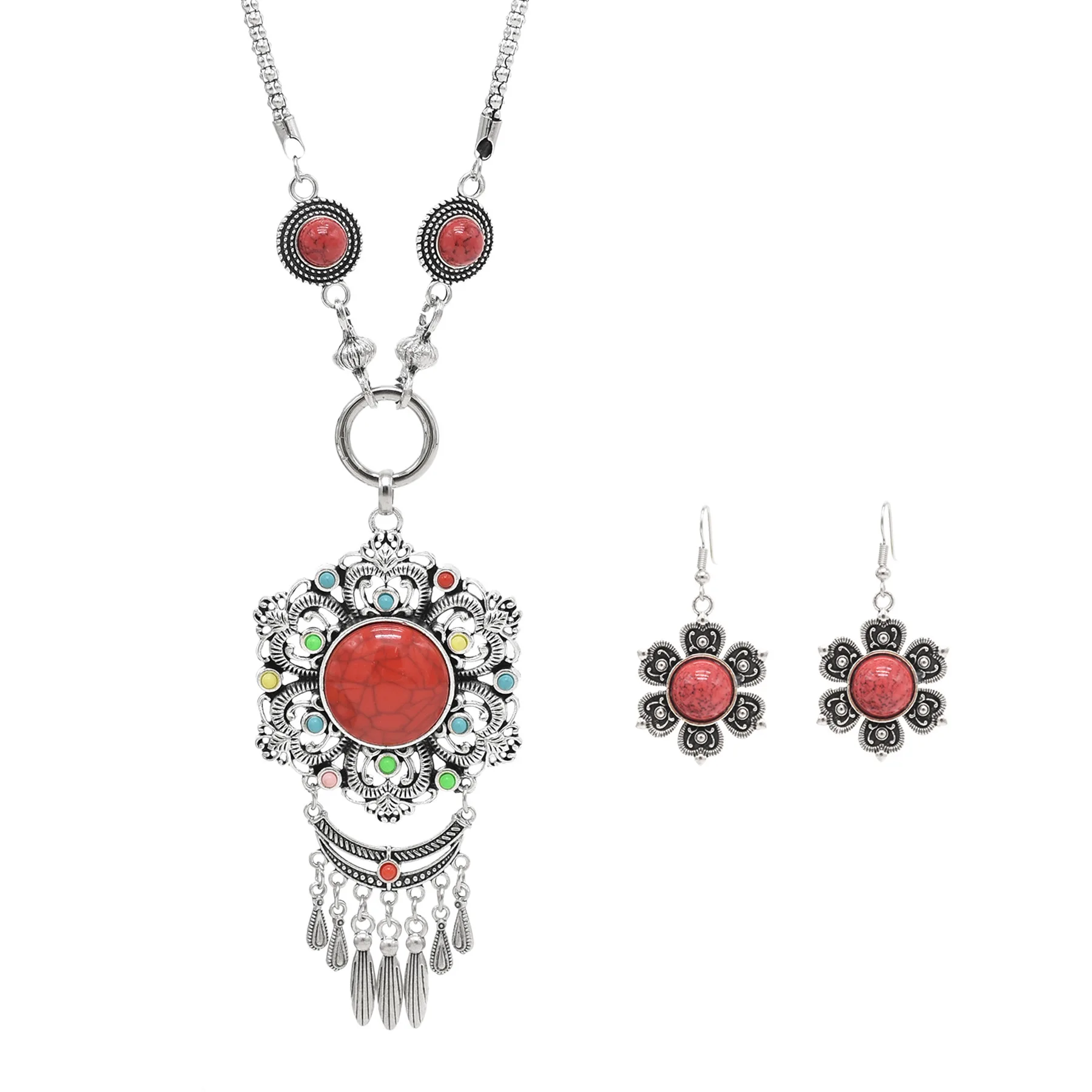 

Gypsy Tibetan Silver Metal Hollow Flower Necklaces Earrings Sets for Women Bohemian Turkish Tribal Afghan Stone Jewelry Sets