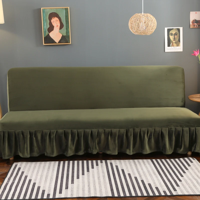 

Velvet Solid Thicken Skirt Sofa Bed Cover Elastic Armless Stretch Elastic Sofa Cover Removable Sofa Covers for Living Room