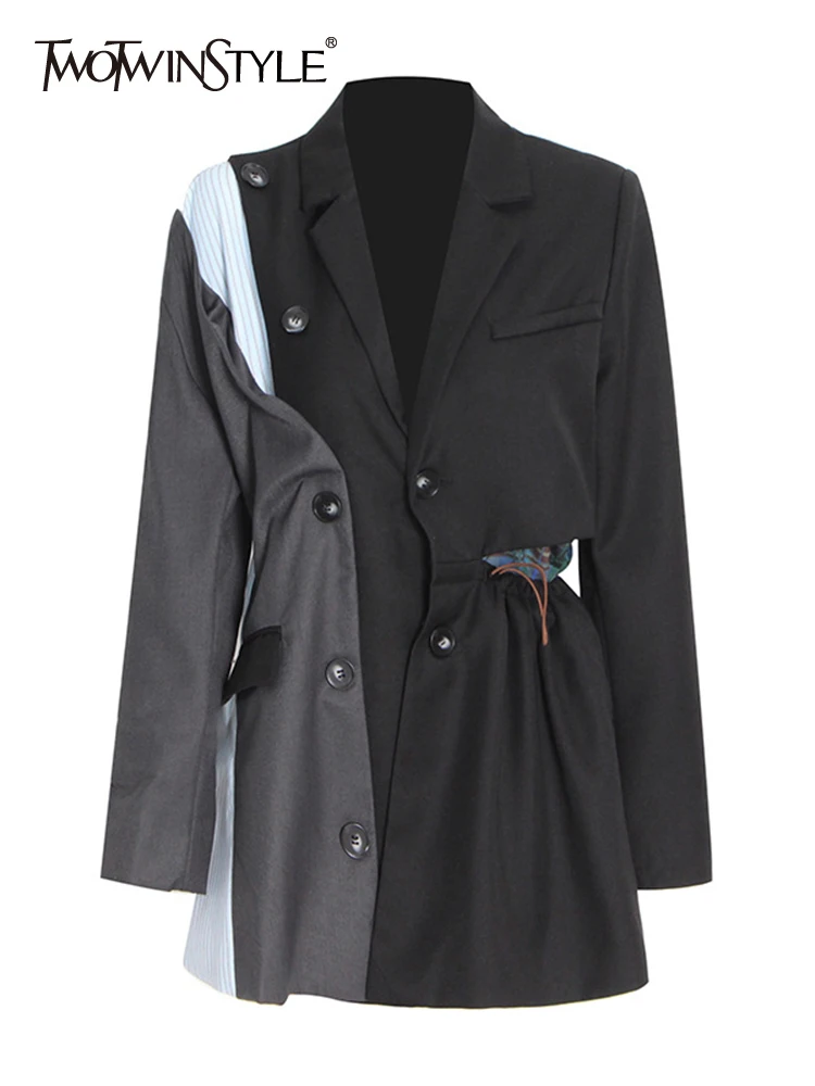 

TWOTWINSTYLE Korean Fashion Blazer For Women Notched Collar Long Sleeve Patchwork Colorblock Elegant Blazers Female Clothing New