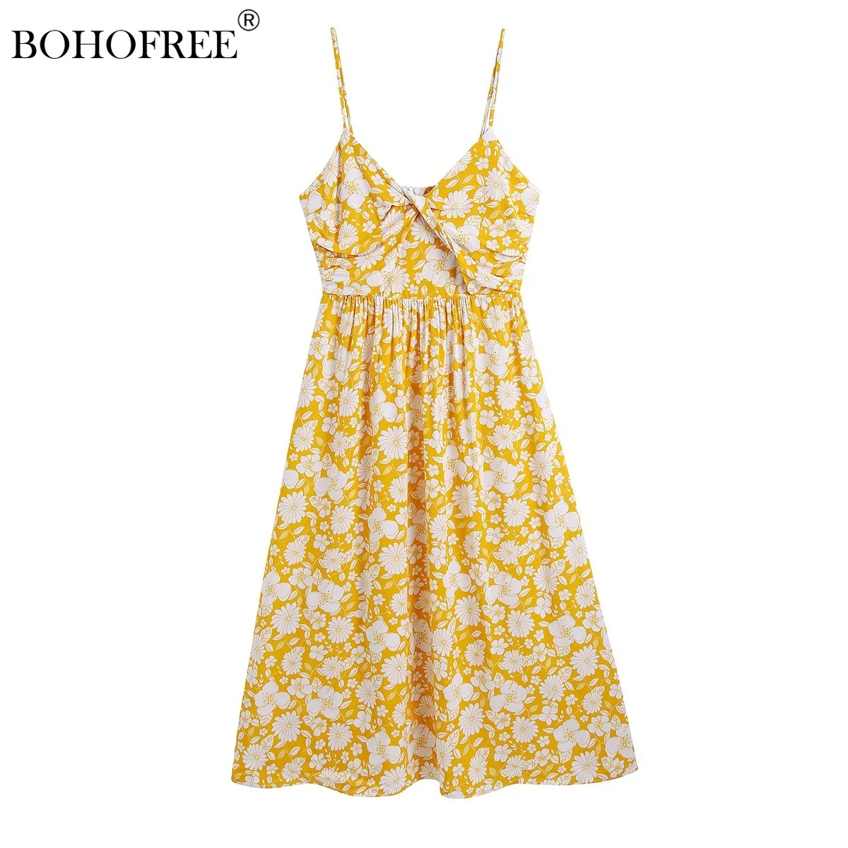 

2022 New Floral Print Yellow Dress Strapless Spaghetti Backless Summer Midi Dress Casual Evening Party Boho Hippie Vestidos