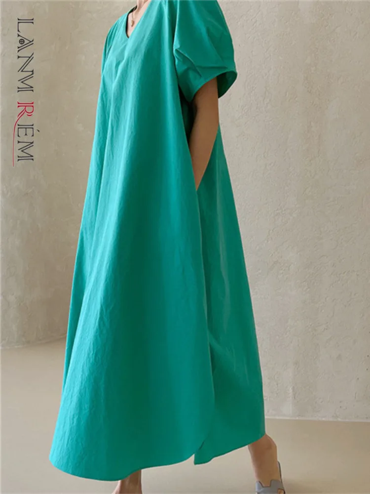 

LANMREM Casual Maxi Dress For Women V Neck Short Sleeves Loose Dresses Female Elegant Clothing 2022 Summer New 2R3599