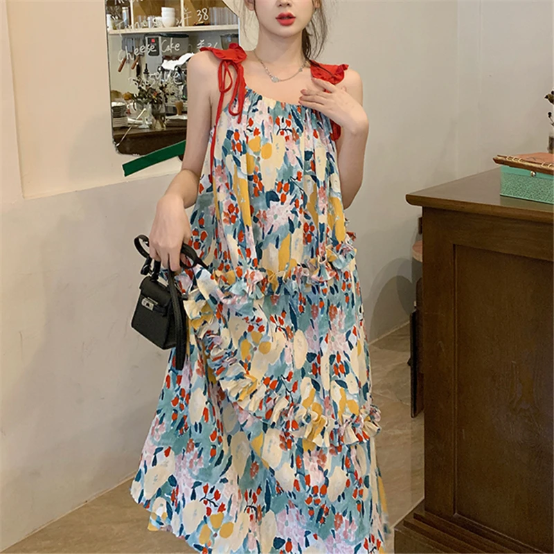 

New Arrived Women Fashion Loose Print Dresses Casual Sleeveless Spaghetti Strap A-line Party Holiday Beach Fairy Dress Korean