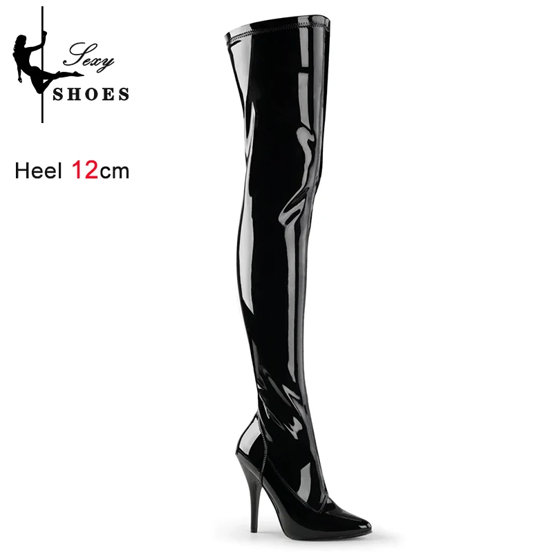 

12CM Women Boots Unique Designer Mirror Leather Pointed toe Thin Heels Thigh High Boots Cross Tied Over The Knee Stiletto Shoes