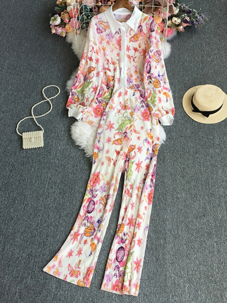 

LY VAREY LIN New Spring Autumn Women Fashion Print Two Piece Set Lapel Single Breasted Shirt+elastic Waist Wide Leg Pants Suits