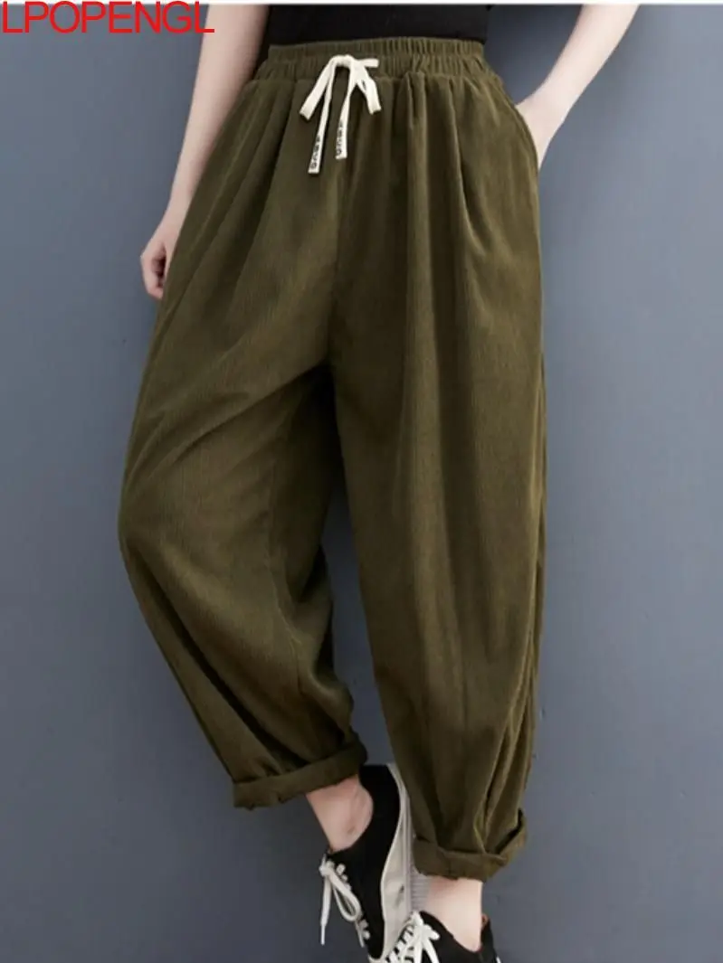 Woman Solid Color Corduroy Pants 2023 New Spring And Autumn Loose Casual Drawstring Baggy Pants High Waist Harem Pants Trousers