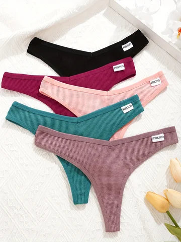 5pcs Women Cotton Waffle Style G-String calcies Ladies tangas macias feminino S-XL Pantagem de biquíni T-back-back mouse 2024