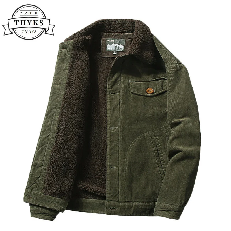 Corduroy Winter Jacket Men Windbreaker Thick Liner Military Coats Male Business Casual Outwear Bomber Plus Size M-5XL