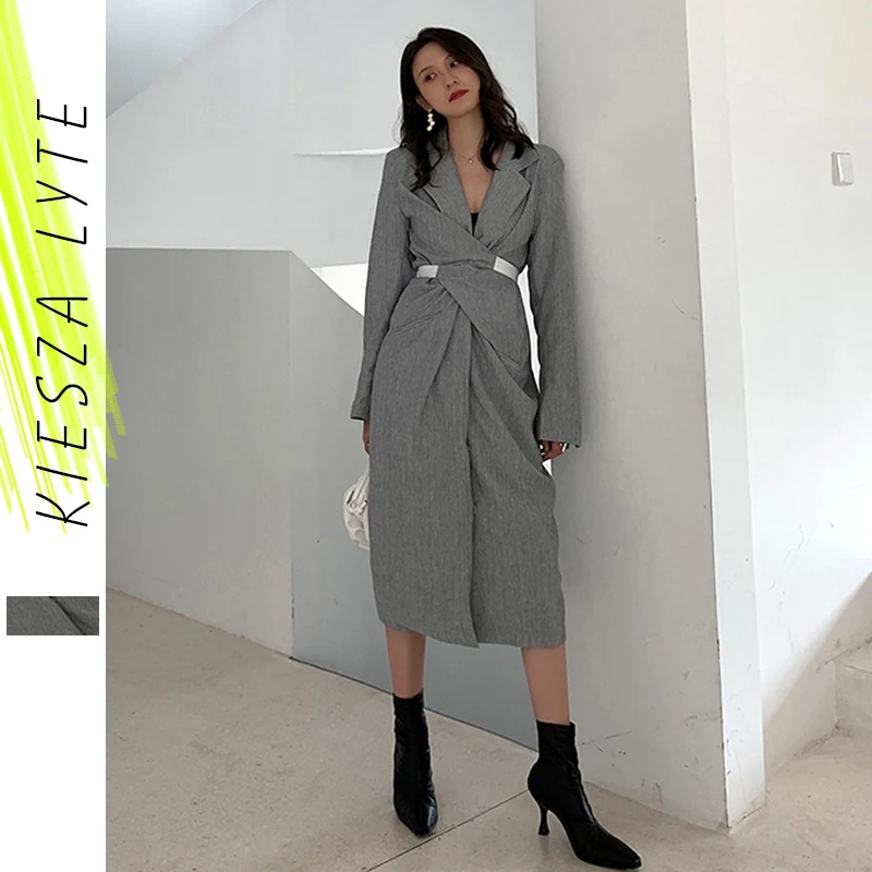 

Elegant Women Dress Twist Waist Grey Party Dresses Robe Femme 2023 Autumn Ladies Korean Fashion Clothing New Outfit
