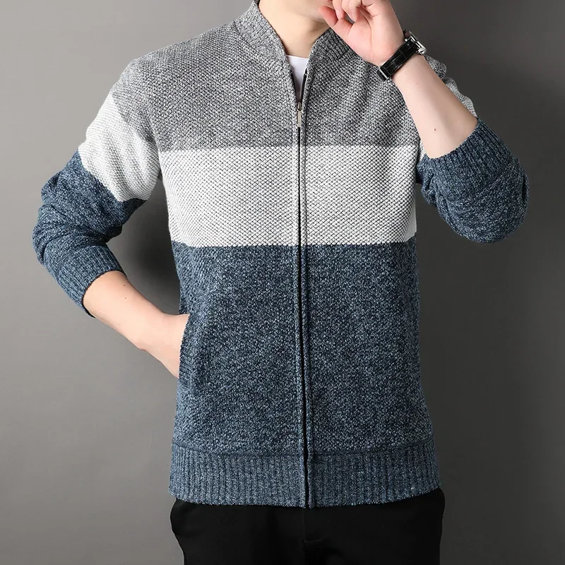 Модный бархатный мужской кардиган на подкладке осень-зима облегающий вязаный