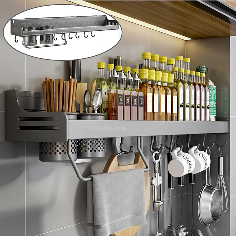 

Wall Mounted Kichen Storage Racks Punch Free Spice Organizer Knife Season Bottle Rack Chopstick Holder Space Aluminum Shelves