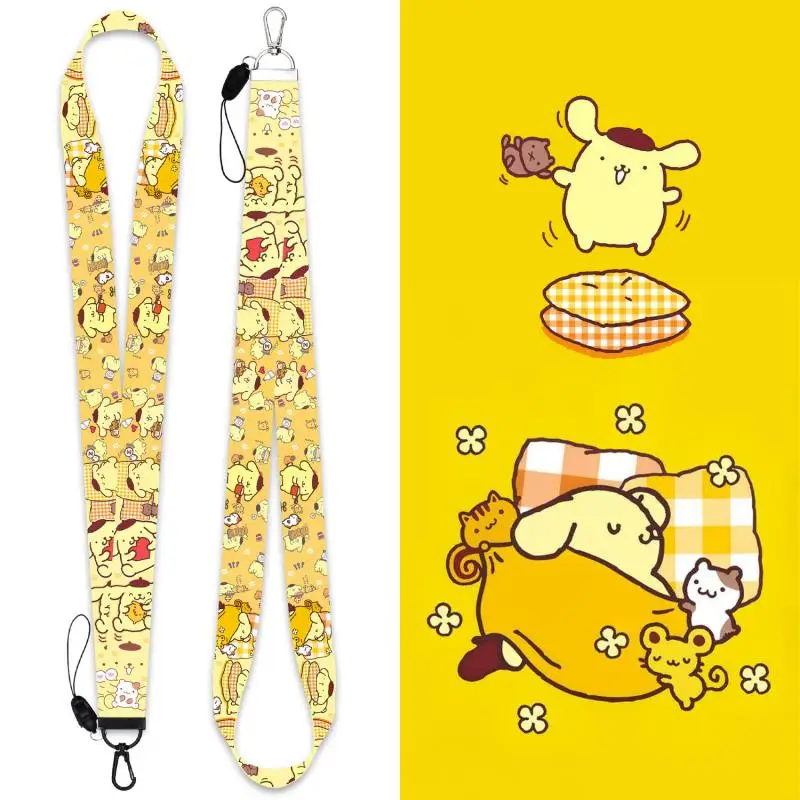 Kawaii Sanrio Cartoon Pompom Purin Card Holder Long Lanyard Mobile Phone Lanyard Webbing Pendant Lovely Key Chain Detachable