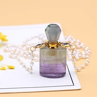 natural stone perfume bottle pendant necklace fluorite bottle long freshwater pearl bead chain for party birthday gift 16x36mm