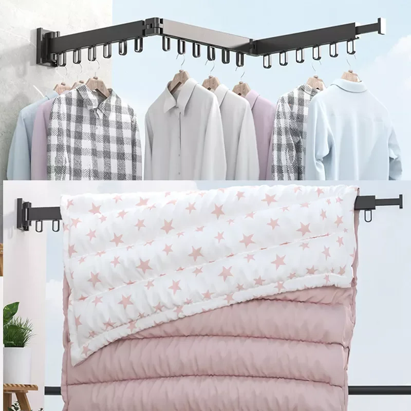

Folding Clothes Hanger Wall Mount Retractable Cloth Drying Rack Indoor Outdoor Aluminum Home Laundry Clothesline Space Saving