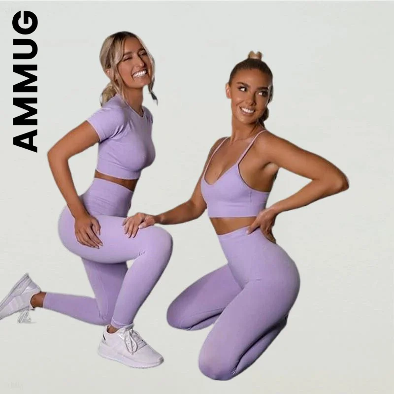

Женский бесшовный спортивный комплект Ammug с эффектом пуш-ап, женская спортивная одежда, колготки, женская спортивная одежда, комплект для фи...