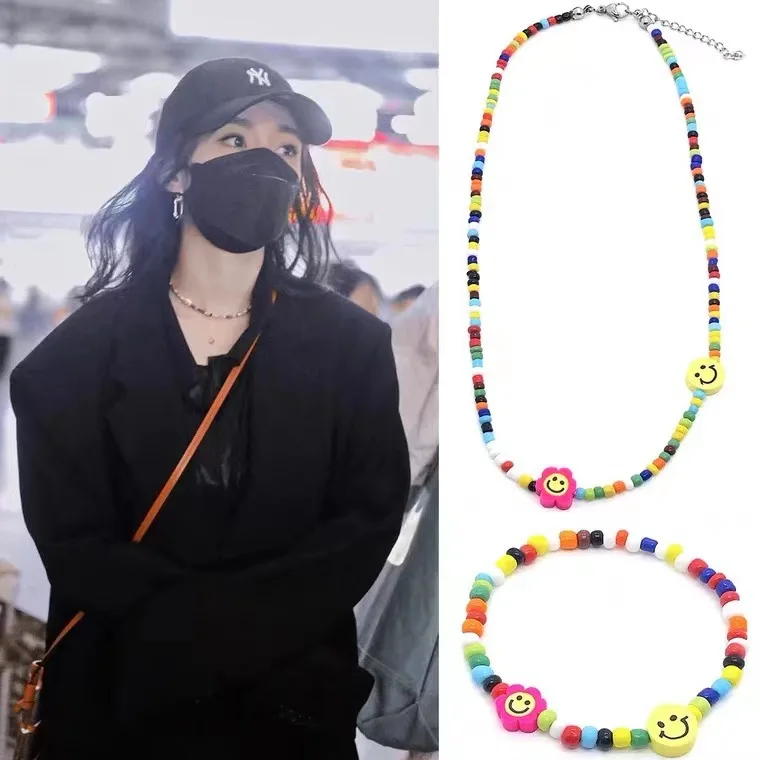 

Красочные рисовые бусины, цветочное ожерелье со смайликом, звезда в стиле гианьского, конфетного цвета, цепочка на ключицу, браслет, ремешки