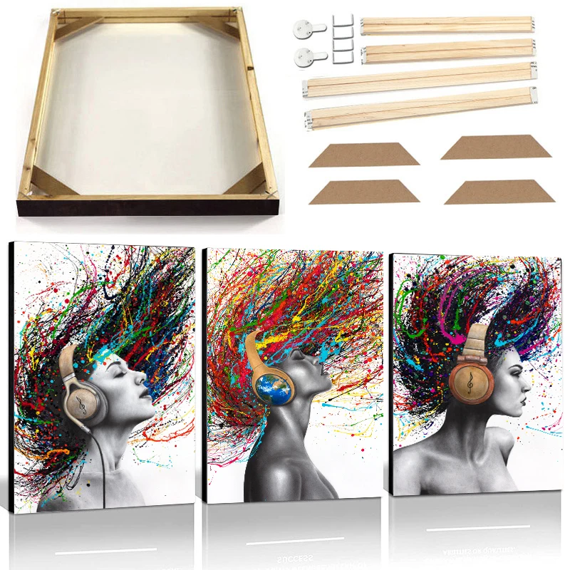 Ful Hair Sexy Black Woman Art Canvas Painting With Frame Music Leopard Lion Poster Graffiti Figure Animal Wall Picture