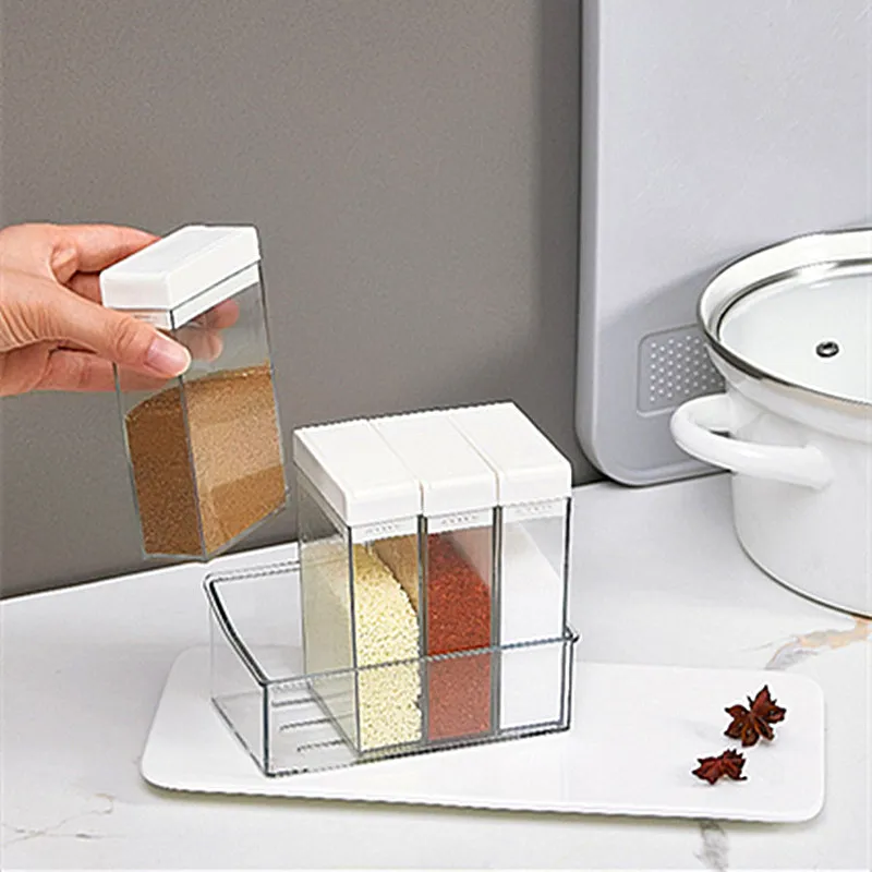 Plastic Seasoning Jar Suit Kitchen Multifunctional Spice Storage Condiment Pot Salt Pepper Boxes Household Gadget Transparent