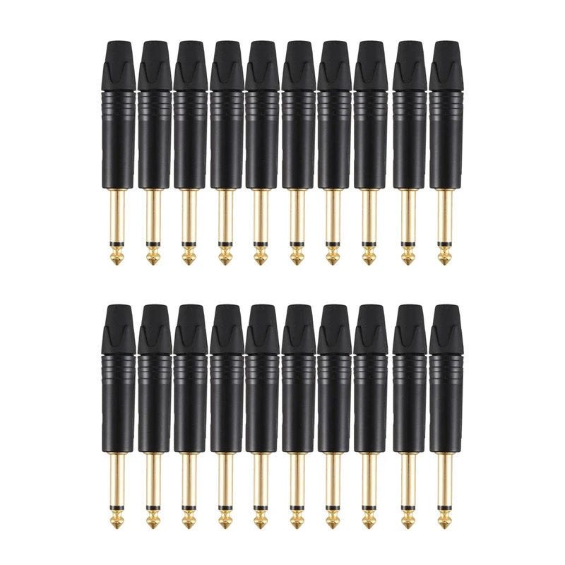 

NEW-Gold Plating 20Pcs Plug Mono Professional 2 Pole 6.35 Mm 6.5Mm Stereo Jack Plug Neutrik 6.35Mm Jack Black