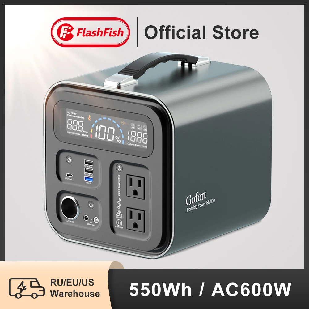 

FF Flashfish Portable Power Station 550Wh Solar Generator 600W 110V AC Outlets For Outdoor RV/Van Camping Fishing CPAP Home SOS