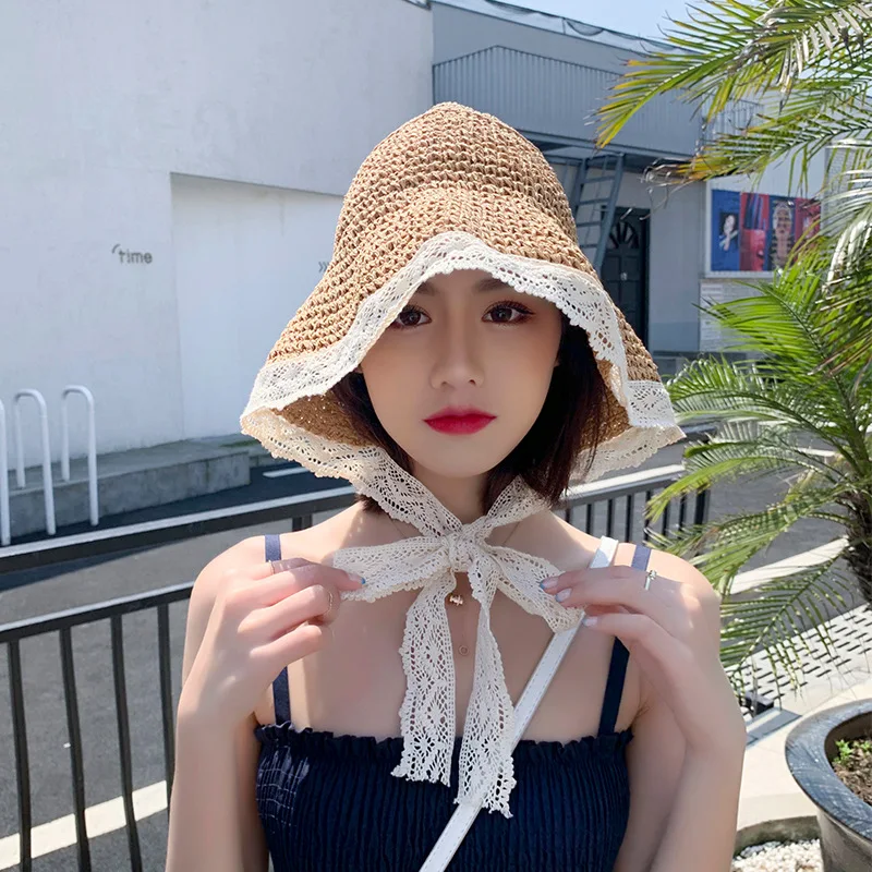 Шляпа соломенная женская летняя с широкими полями для пляжа ветрозащитный трос -