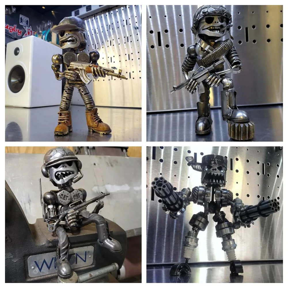 

Scrap Metal Standing Soldier Sculpture Resin Figure Statue Retro-style Handmade Piston Man Cool Machine Gunner Home Office Decor