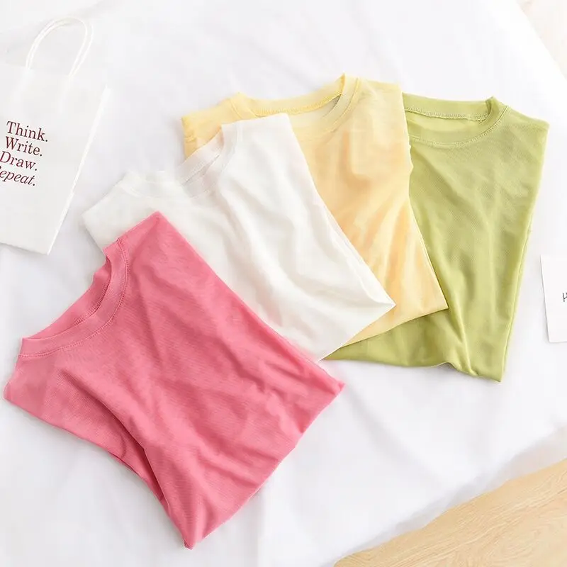 OUMEA женские летние милые сетчатые Топы с длинным рукавом и круглым вырезом