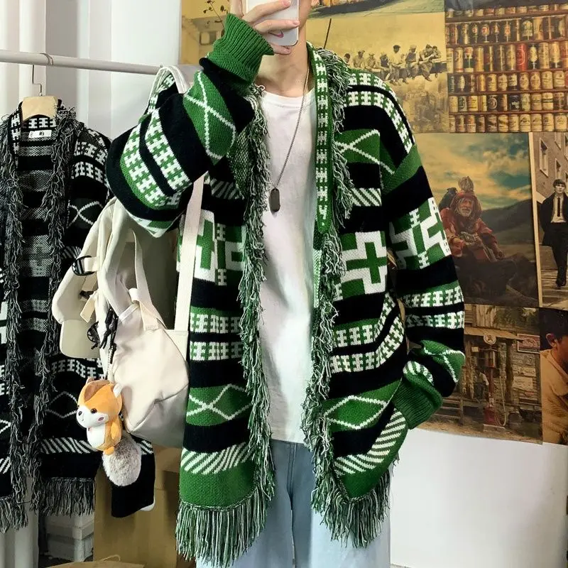 

High-quality Geometric Green New Of Tassels Style Leisure Sense Printing Design Lazy Style Japan Cardigan Fashion Men Loose