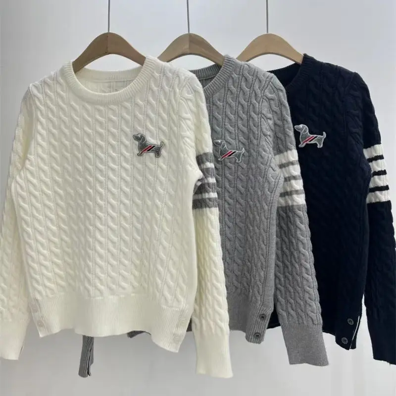 

Winter TB Pullover for Women , Grey Color, Dog Embroidery Jumpers, Twisted Flower Stripe Knitted Sweater, Кофта Женская Tarf