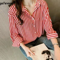 spring new office lady vintage striped print off shoulder sling cardigan shirt elegant all match long sleeve casual blouse femme