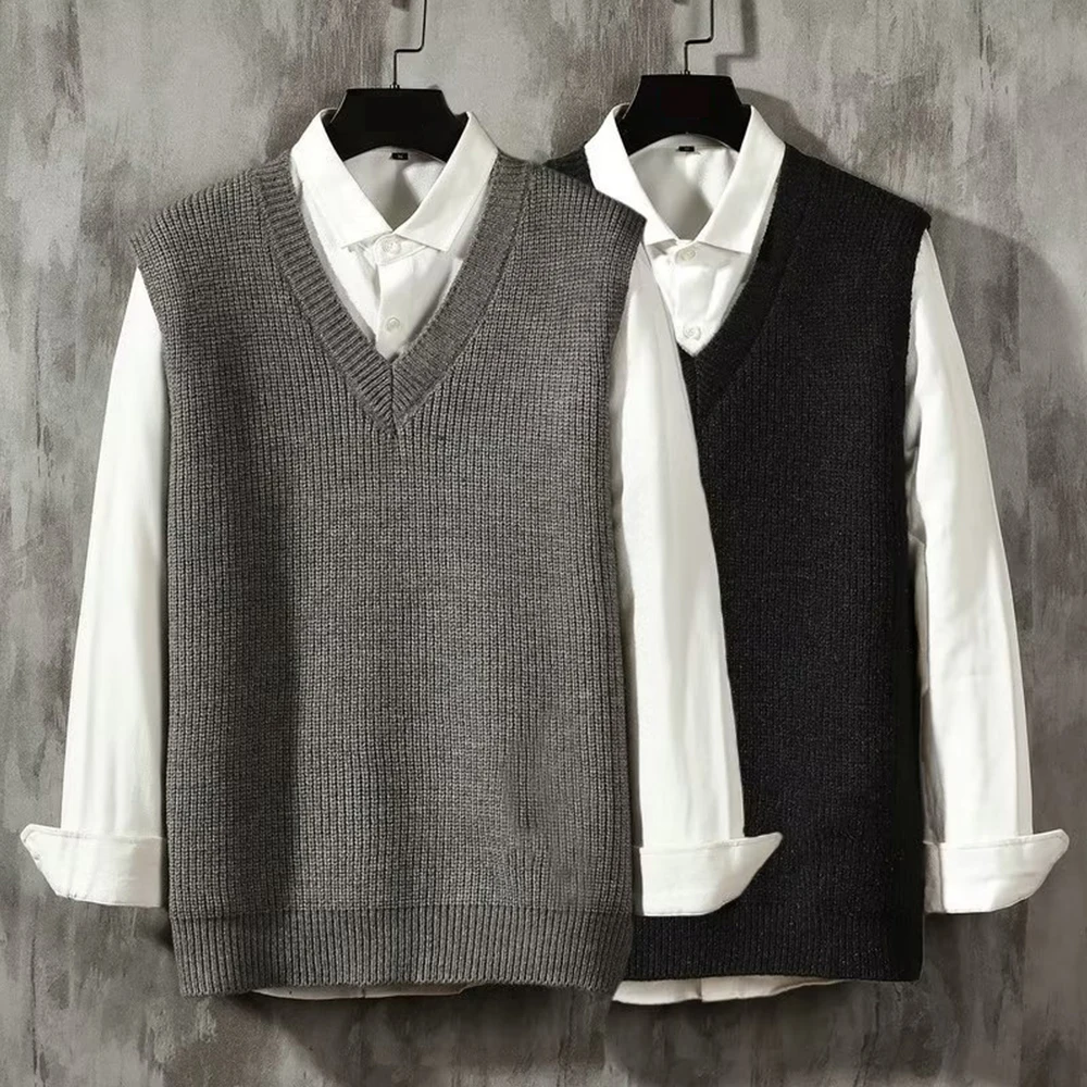 

Мужской свитер, Осенний жилет с воротником, мужской однотонный жилет, стильный свитер, вязаный жилет, осенняя одежда, цветной вязаный Повседневный жилет в Корейском стиле